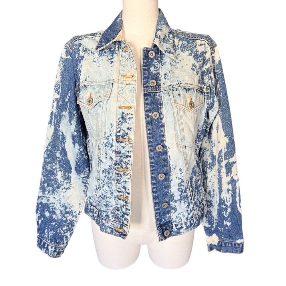 Vintage Esprit White Splatter Blue Denim Collared Button Up Jacket Sz 7